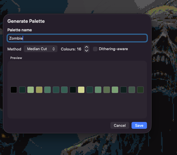 Retrolium custom palette generation screen